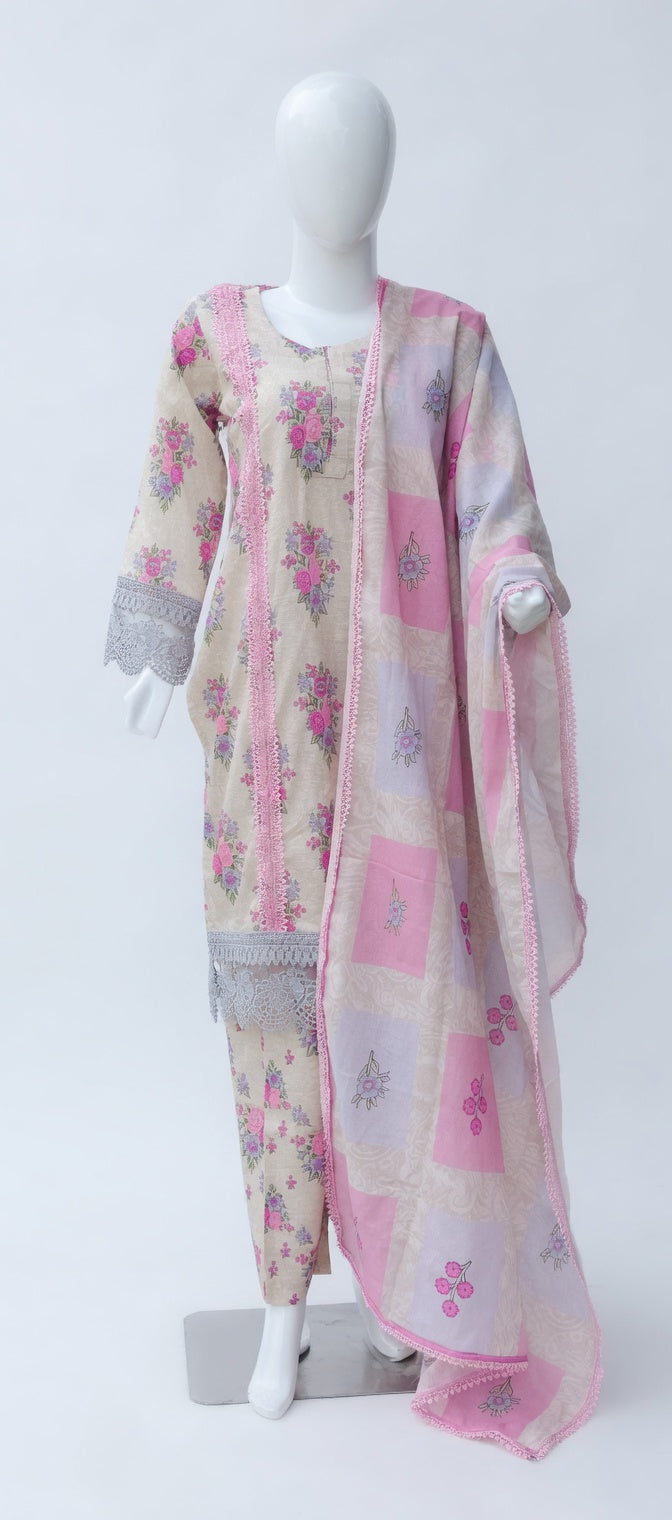 FLORAL GREY COLOURED LAWN UNSTITCHED/STITCHED 3 PIECE SUIT
